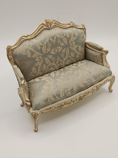 CBB763B, Louis XV Settee & 2 Chairs, 22kt Gilt, Blue Damask