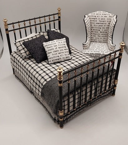 Brass & Black Enamel Bed & Wing Chair, Dressed