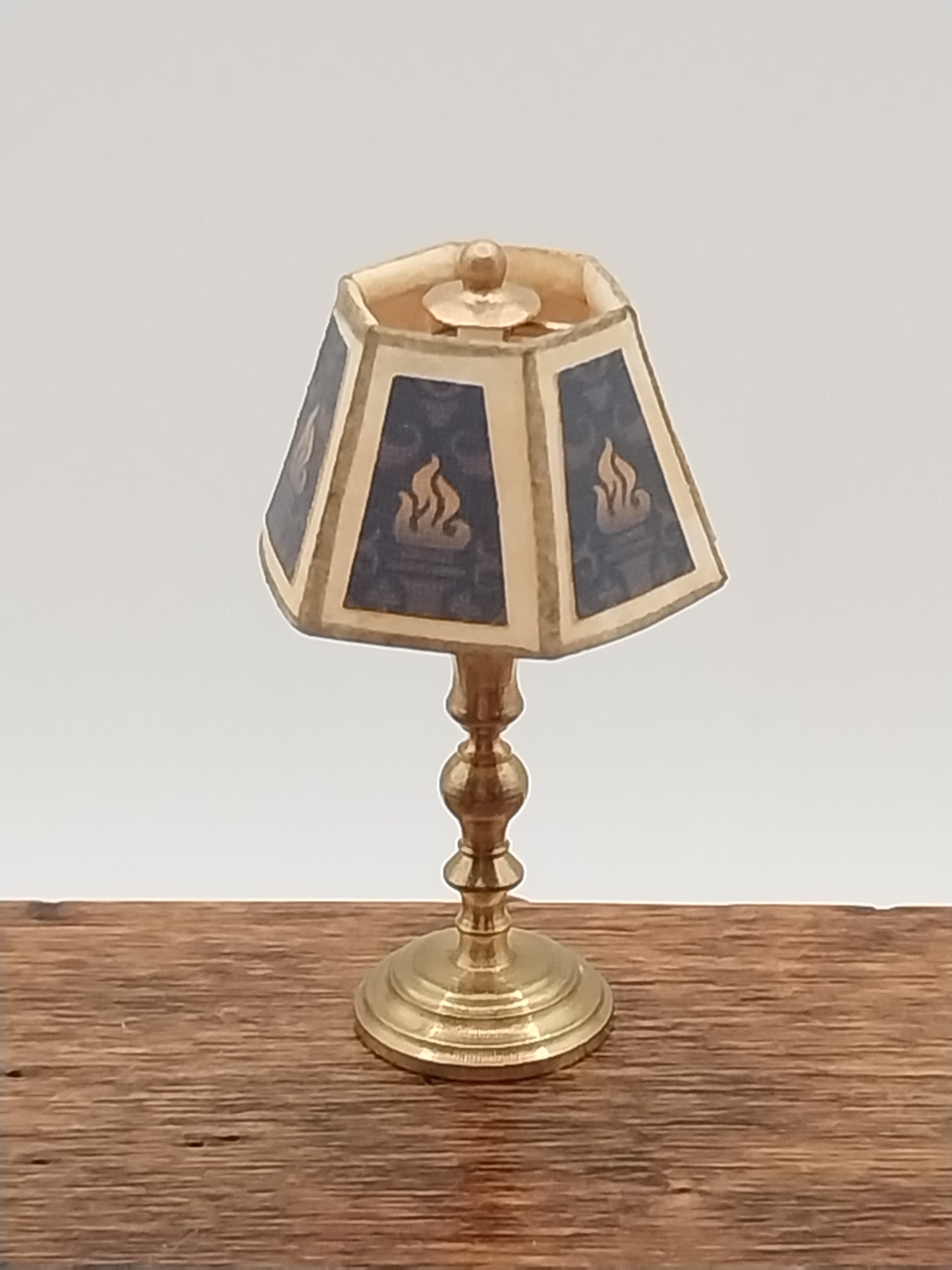 Small Brass Lamp, Dark Blue & Gold Shade