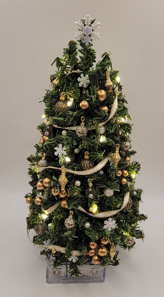 Working Christmas Tree, White & Gold Ornaments