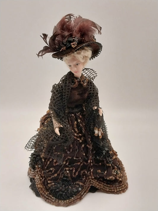 Porcelain Lady Doll, Black Dress & Brown Rhinestones