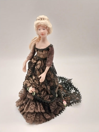 Porcelain Lady Doll, Black & Brown Lace