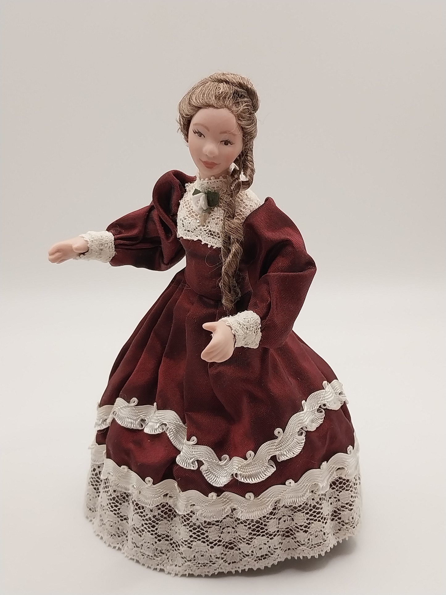 Porcelain Victorian Young Lady Doll, Burgundy