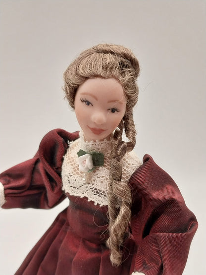 Porcelain Victorian Young Lady Doll, Burgundy