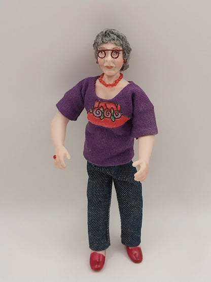 Porcelain Elderly Lady Doll, Jeans & Purple Shirt