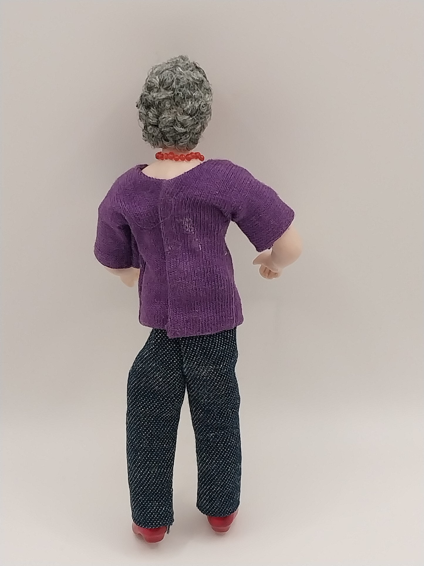 Porcelain Elderly Lady Doll, Jeans & Purple Shirt