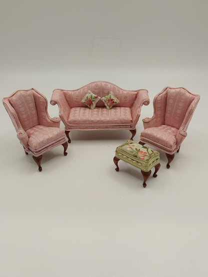 1/2" Scale Sofa Set, Pink Silk Floral, 4pc