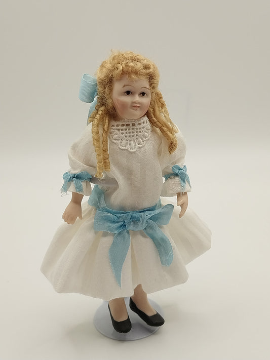 Porcelain Young Girl Doll, White Dress