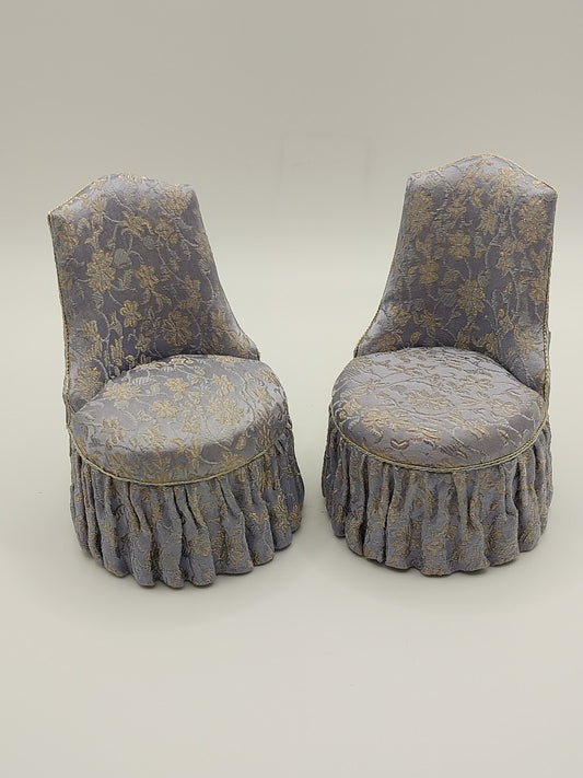 Elegant Blue Brocade Silk Chairs, Pair