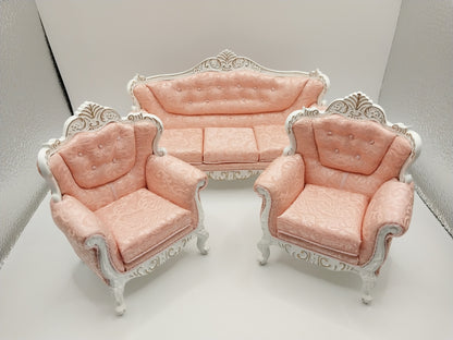 Louis XVI Rococo Baroque Settee & 2 Chairs, Pink