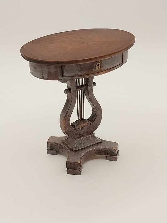 Oval Lyre Side Table, Distressed Blue and Mahogany Top