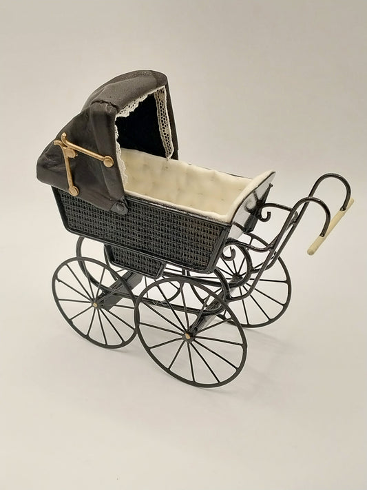 English Pram With Leather Hood, Black Wicker