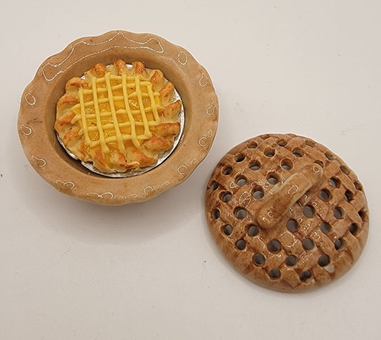 Peach Pie with Tan Ceramic Plate & Cover