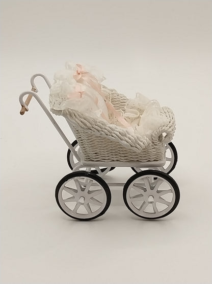 White Wicker Pram, Silk With Pink Ribbon