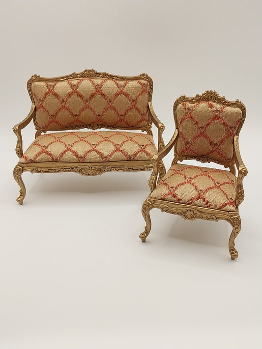Louis XV Rococo Settee & Arm Chair, 2pc, Gold