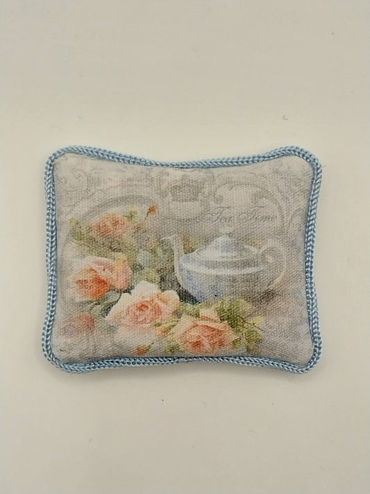 Pillow, Teapot & Pink Floral, Blue