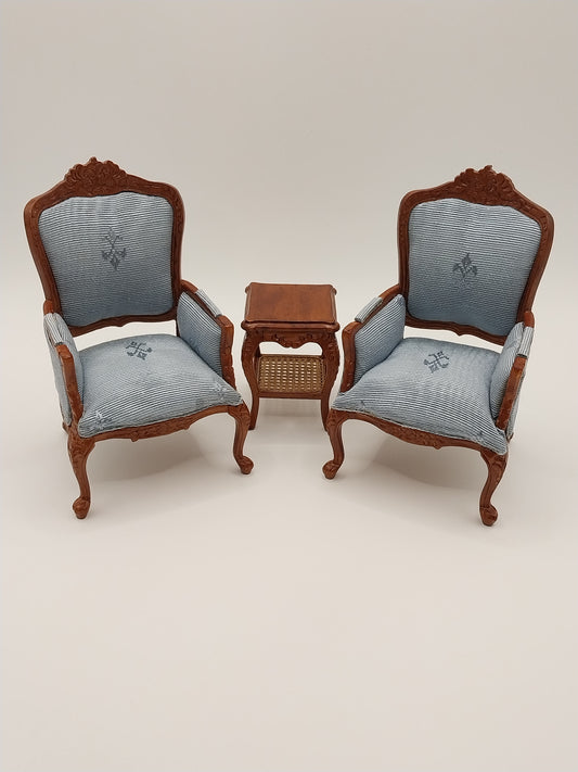Carved Arm Chairs & Table, 3pc, Blue Flor De Lis