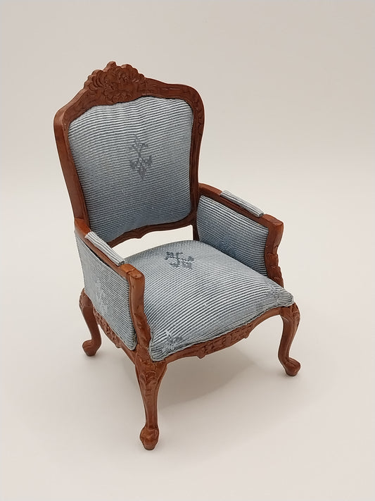 Carved Arm Chair, Walnut, Blue Flor De Lis