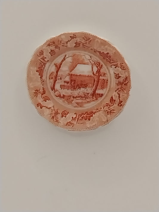 Porcelain Plate, Red Orange, Farm House With Horse