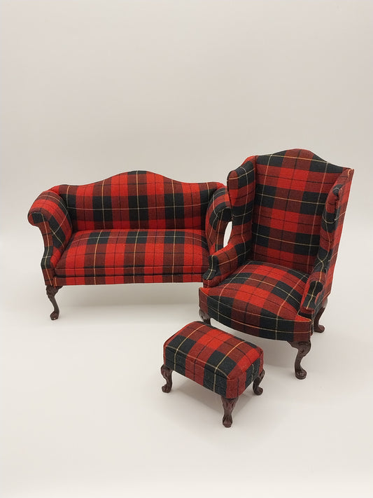 Queen Anne Living Room Set, 3pc, Black & Red Plaid