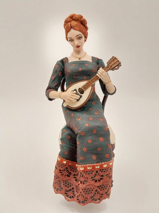 Lady Doll Playing The Lute, Hand Sculpted