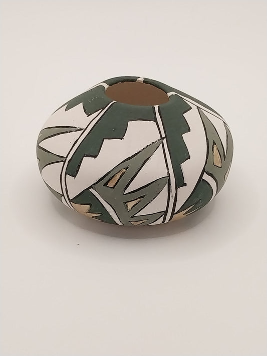 Southwest Pot, White, Green, Handpainted