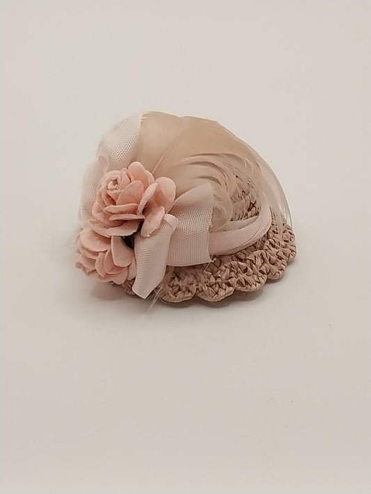 Straw Hat With Rose Flowers & Feathers