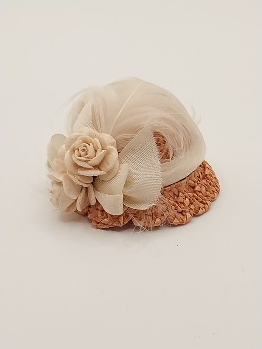 Straw Hat With Peach Flowers & Feathers