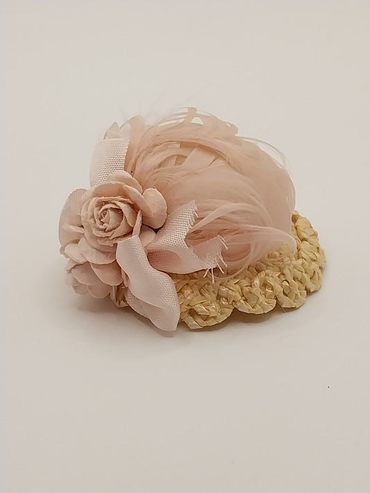Straw Hat With Pink Flowers & Feathers