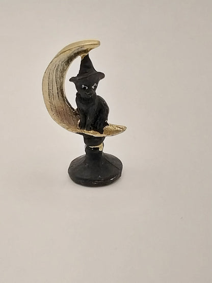 Black Witch Cat With Moon Statue