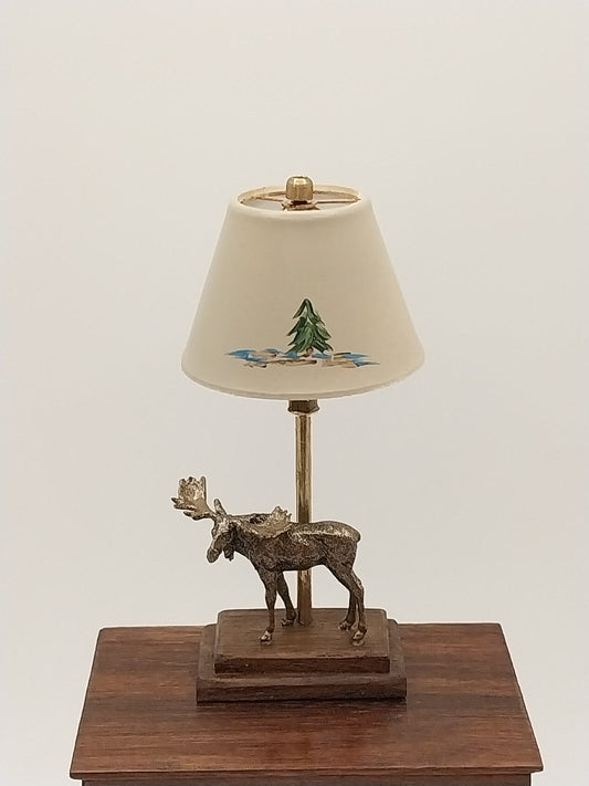 Bronze Moose Lamp With Handpainted Shade