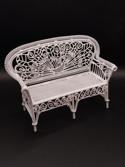 Wire Wicker Settee With Rolled Arms, White