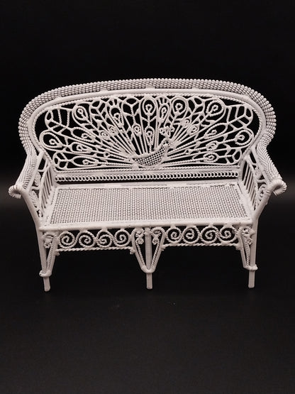 Wire Wicker Settee With Rolled Arms, White