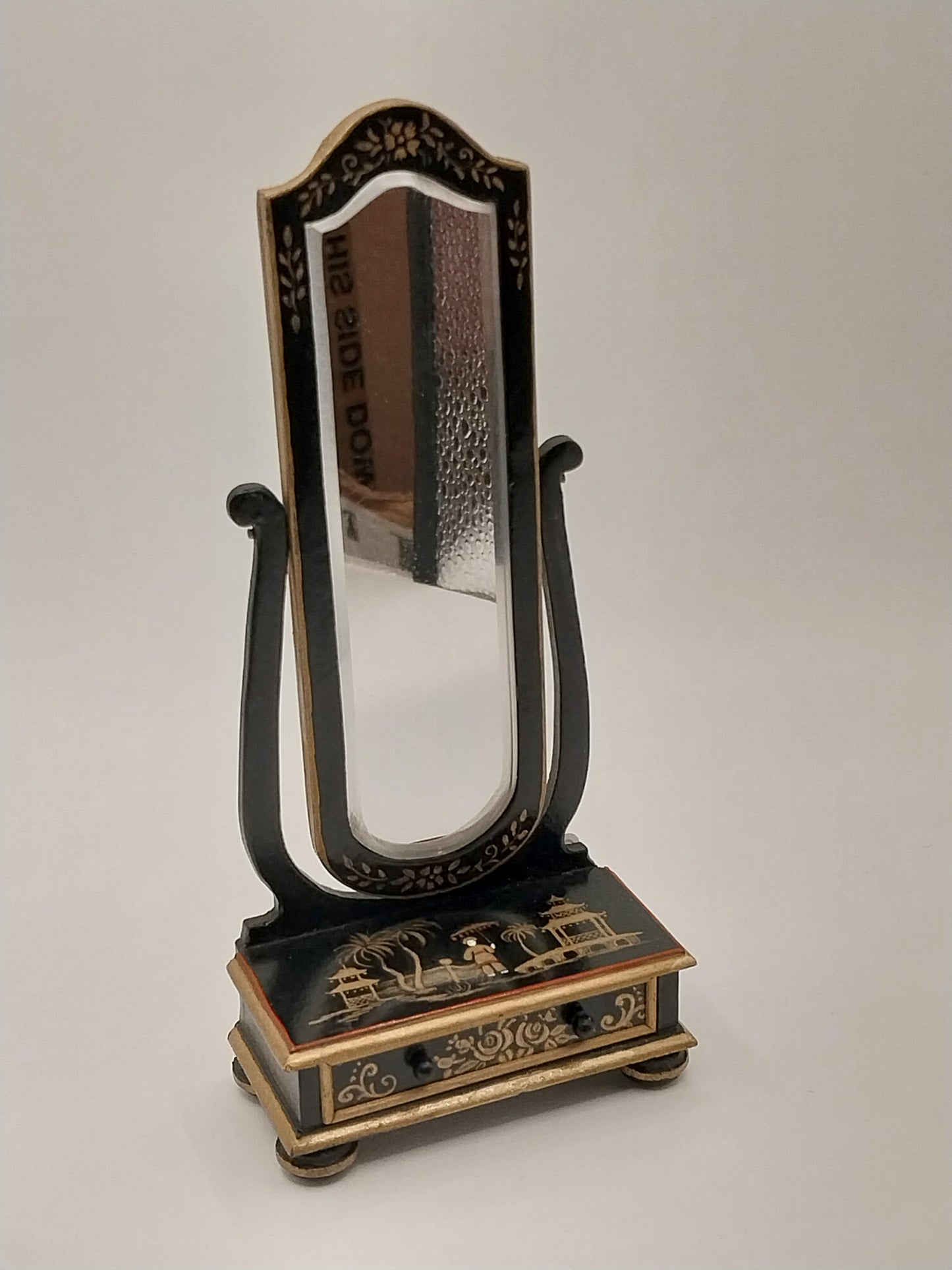 Floor Mirror With Drawer, Oriental Motif, Handpainted