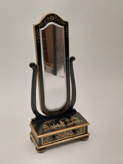 Floor Mirror With Drawer, Oriental Motif, Handpainted