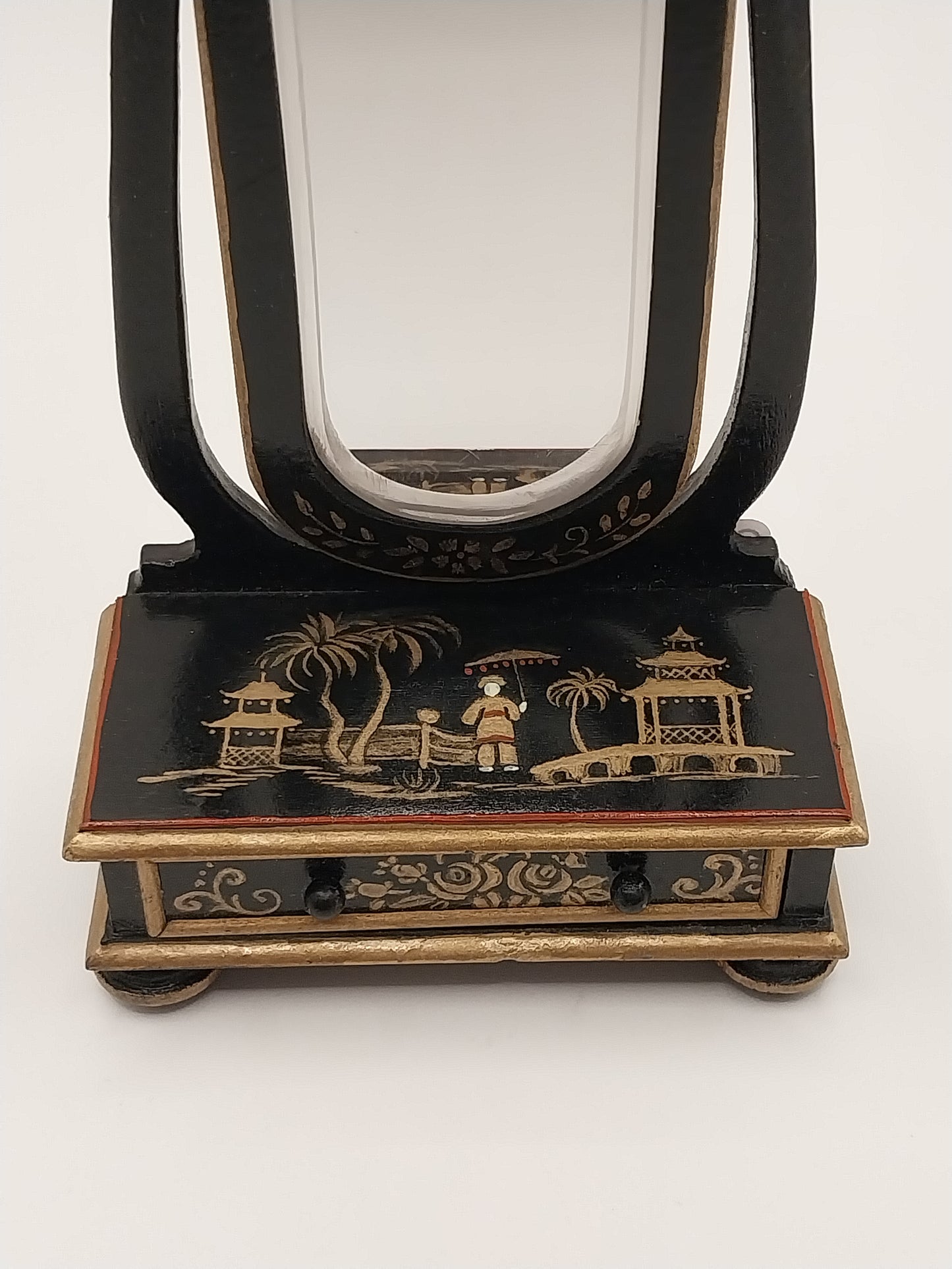 Floor Mirror With Drawer, Oriental Motif, Handpainted