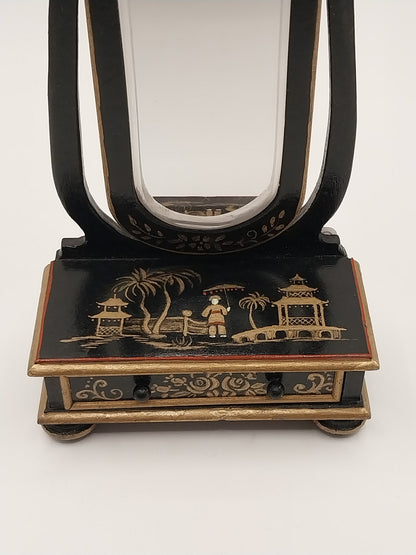 Floor Mirror With Drawer, Oriental Motif, Handpainted