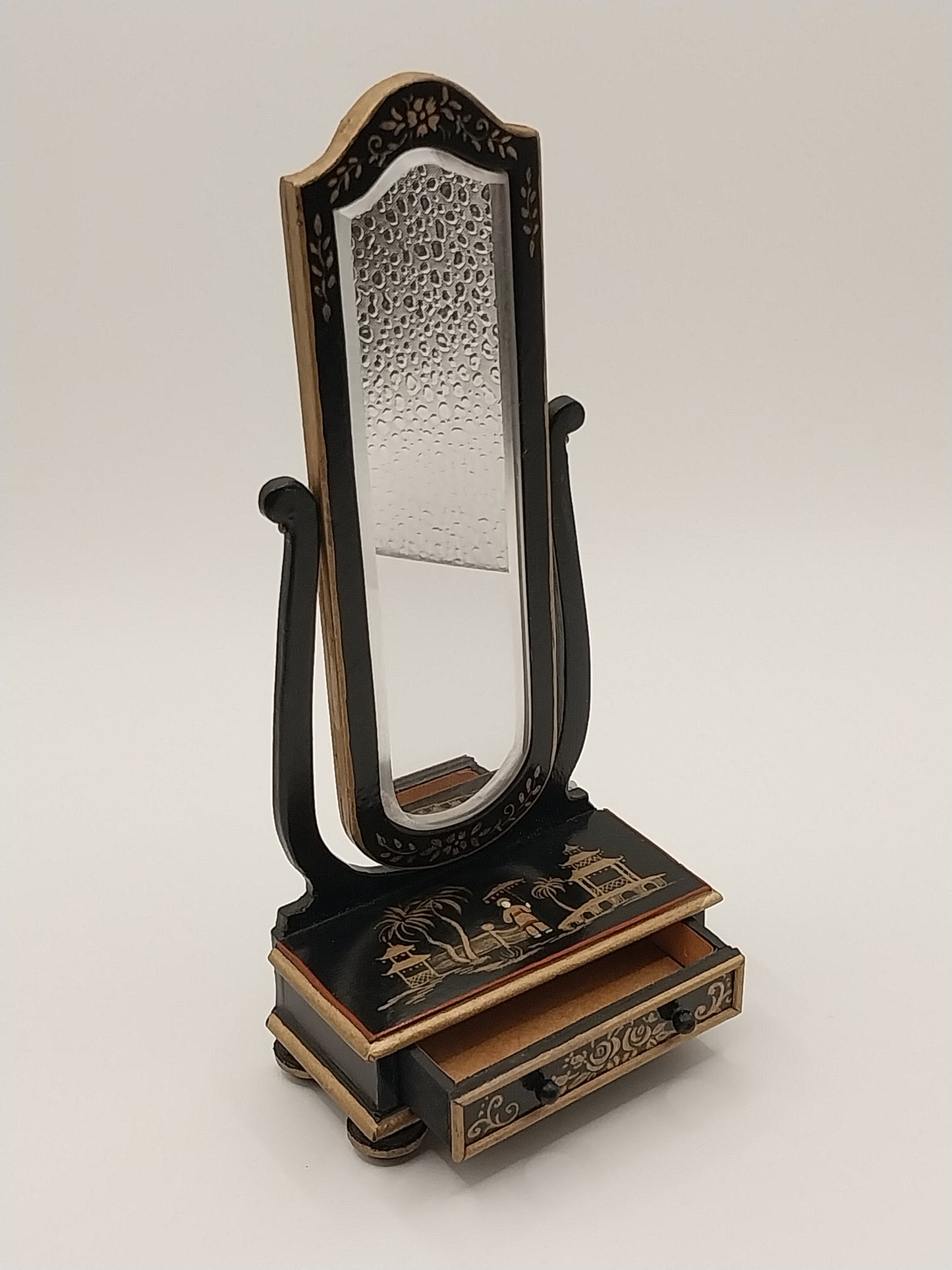 Floor Mirror With Drawer, Oriental Motif, Handpainted