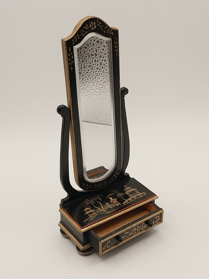 Floor Mirror With Drawer, Oriental Motif, Handpainted