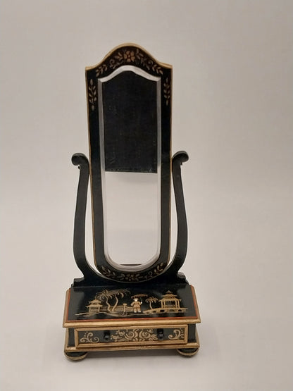 Floor Mirror With Drawer, Oriental Motif, Handpainted