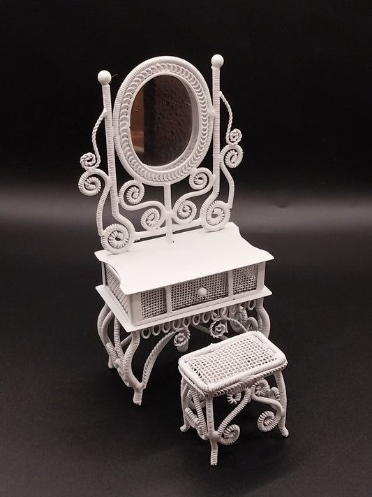 Wire Wicker Child Vanity & Stool, White