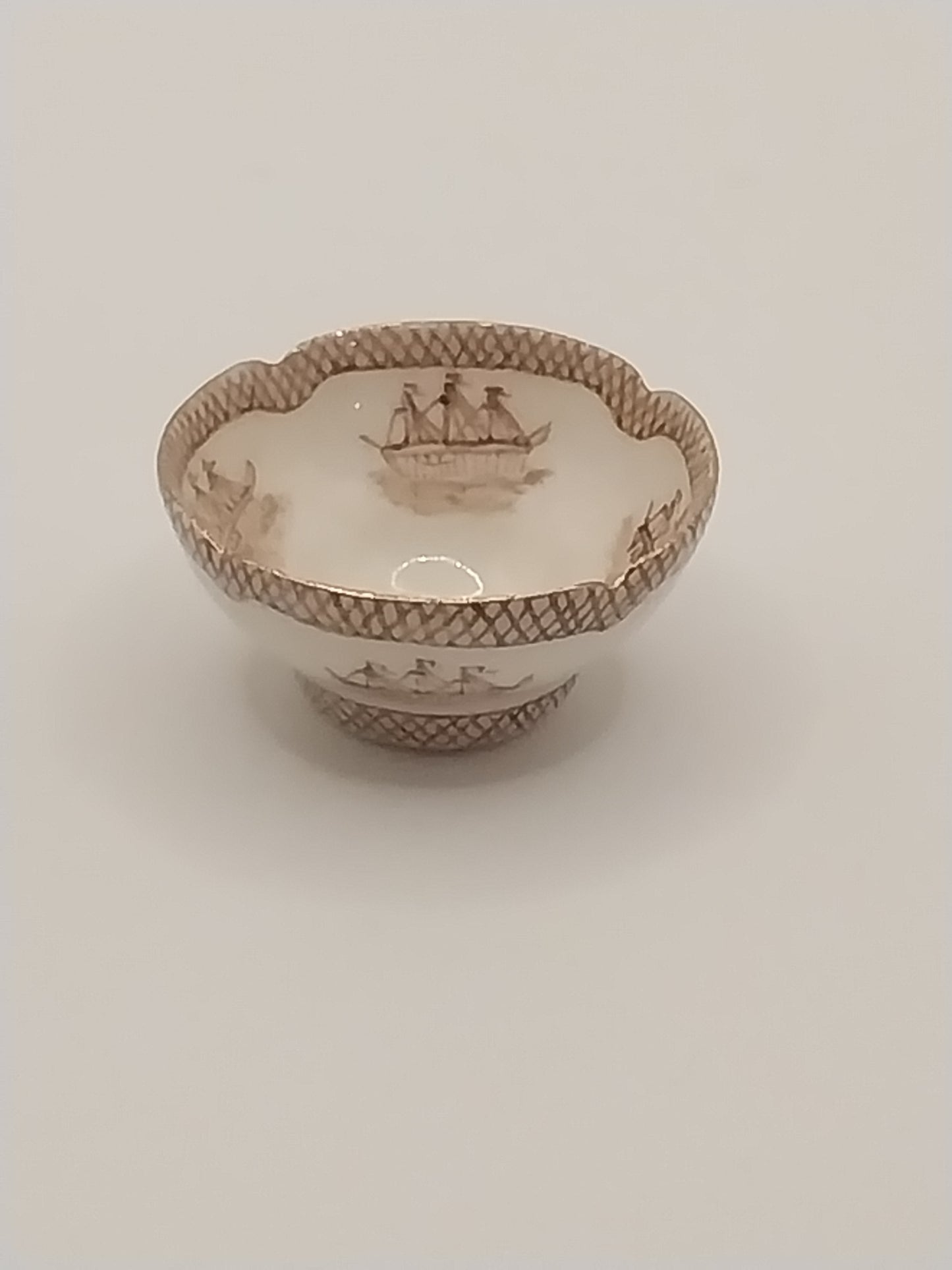 China Brown Transferware Ship Bowl, Signed