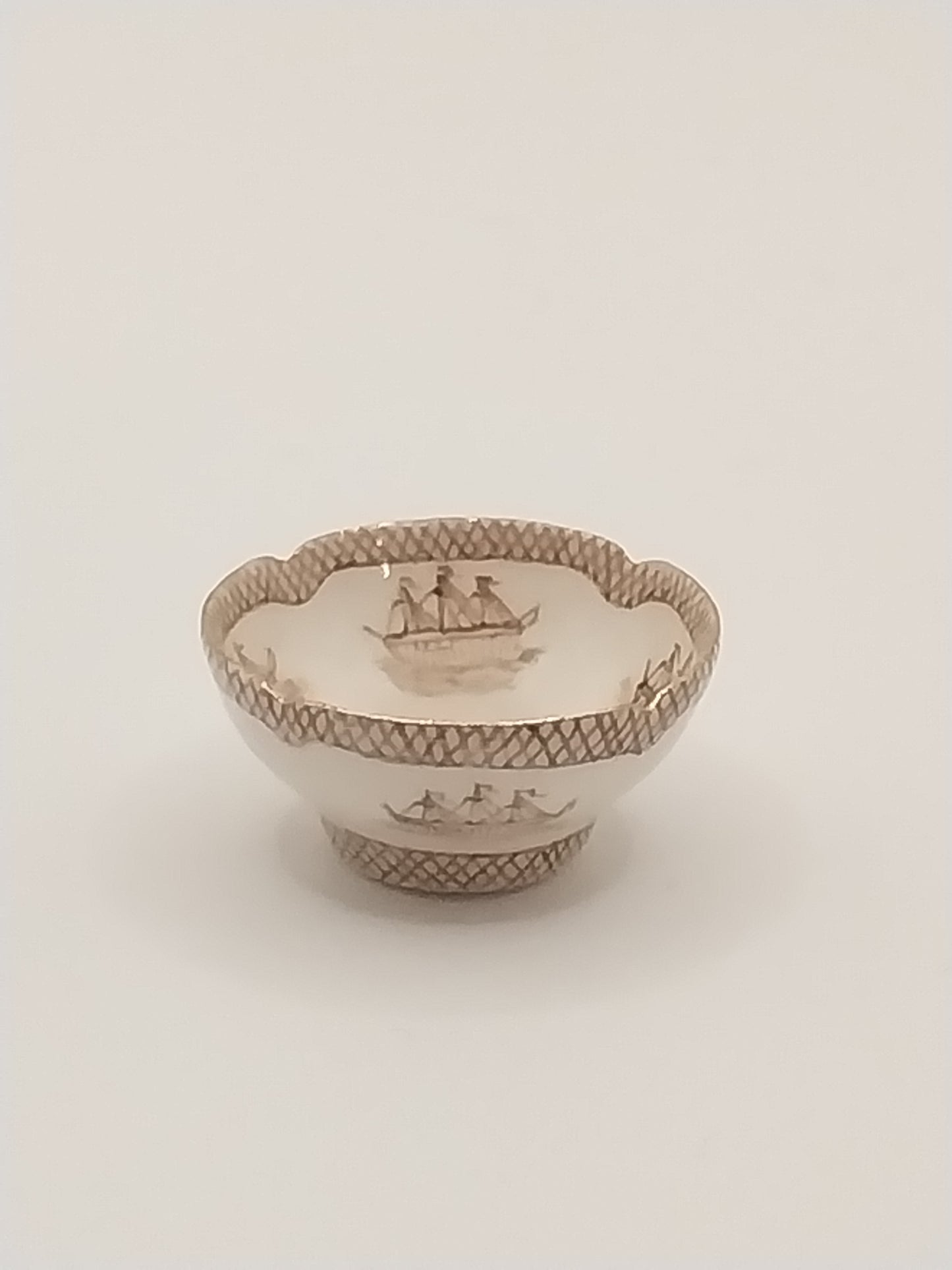 China Brown Transferware Ship Bowl, Signed