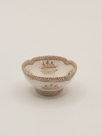 China Brown Transferware Ship Bowl, Signed