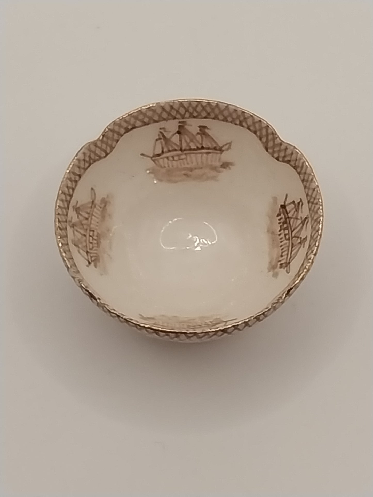 China Brown Transferware Ship Bowl, Signed
