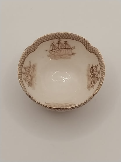 China Brown Transferware Ship Bowl, Signed