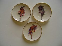 Birdhouse Plates, Gold Rim, 3pc