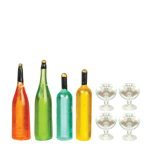 Four Wine Bottles With 4 Filled Glasses Of Wine