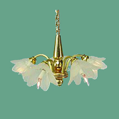 5 Arm Frosted Floral Shade Brass Chandelier