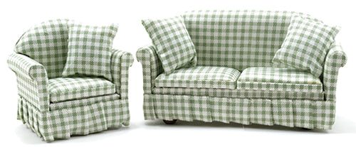 Sofa & Chair Set, Green & White Check